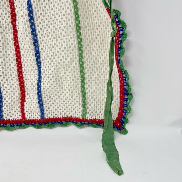 Vintage Off-White w/Red Blue Green Stripes Hand Crochet Green Pocket Half Apron‎ - Picture 5 of 6